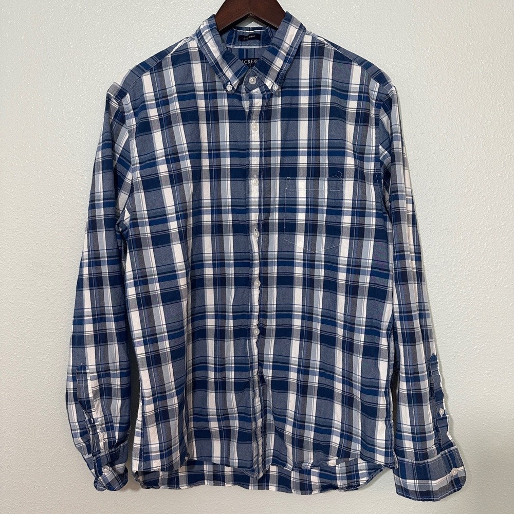 J.Crew Mens Flex Washed Classic Fit Plaid Button Down Shirt Blue White Large